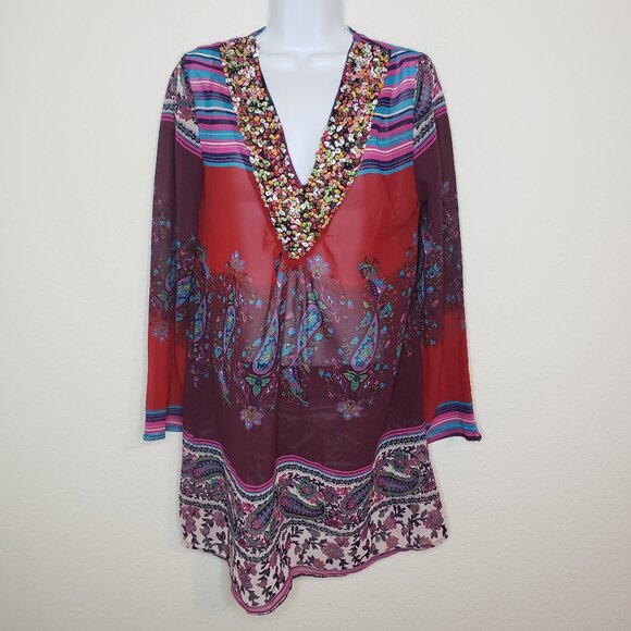 Mix Nouveau NY Women's Sz S Multicolored Embellished Sheer Blouse - Picture 1 of 6